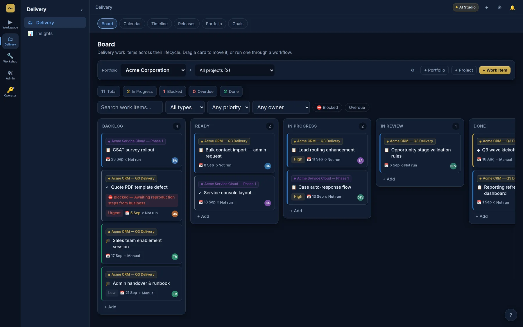 The Delivery board: work items across Backlog, Ready, In Progress, In Review and Done, each carded with its project, dates, and blocked state named in words.