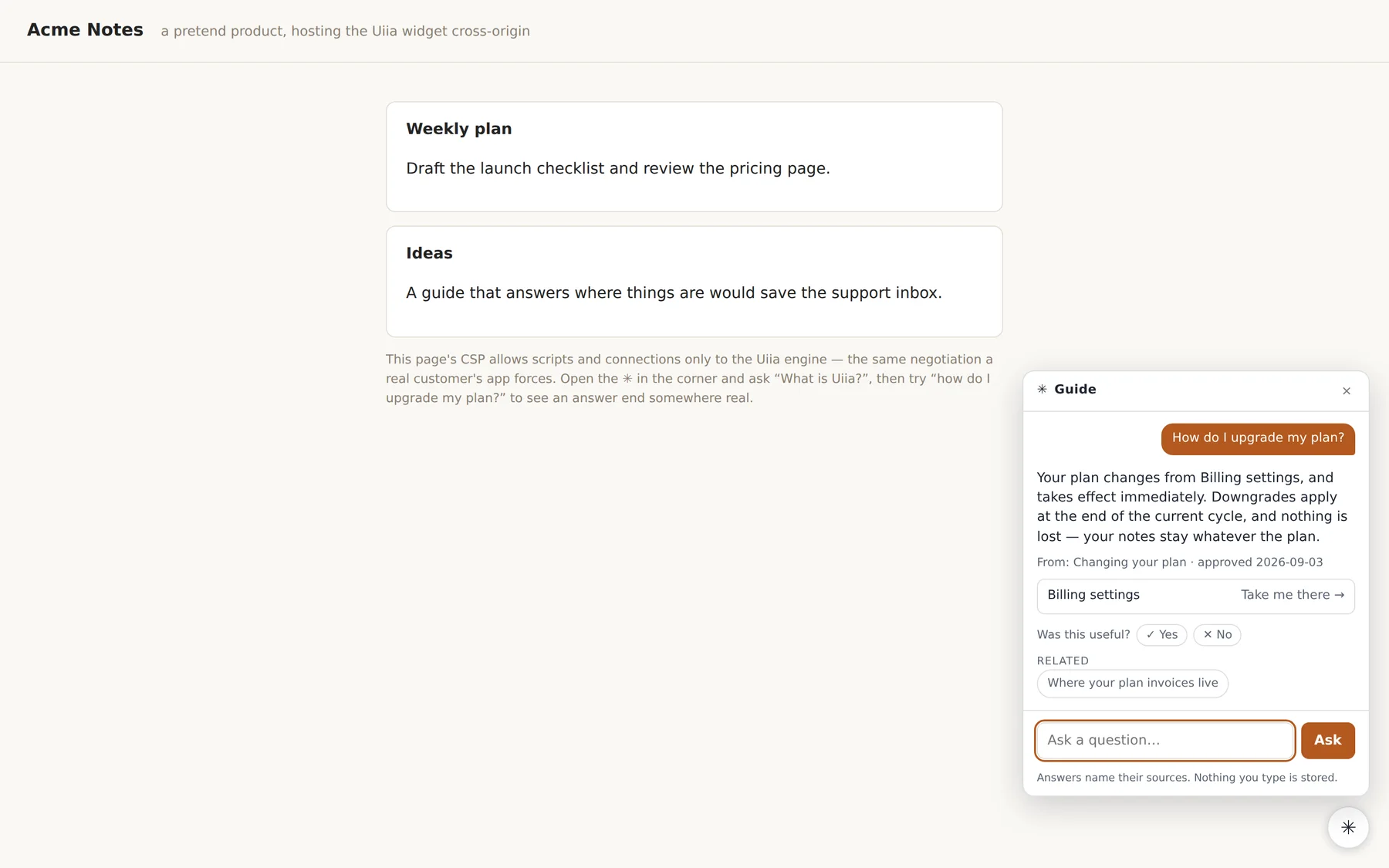 The Uiia guide open over a host product: a question answered from approved content, the source named with its approval date, and a 'Take me there' link to the exact place in the app.